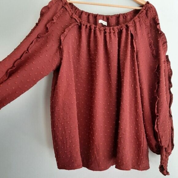 MAX STUDIO / Swiss Dot Textured Boho Ruffle Sleeve Blouse Rust Brown Sz XL - Picture 7 of 13